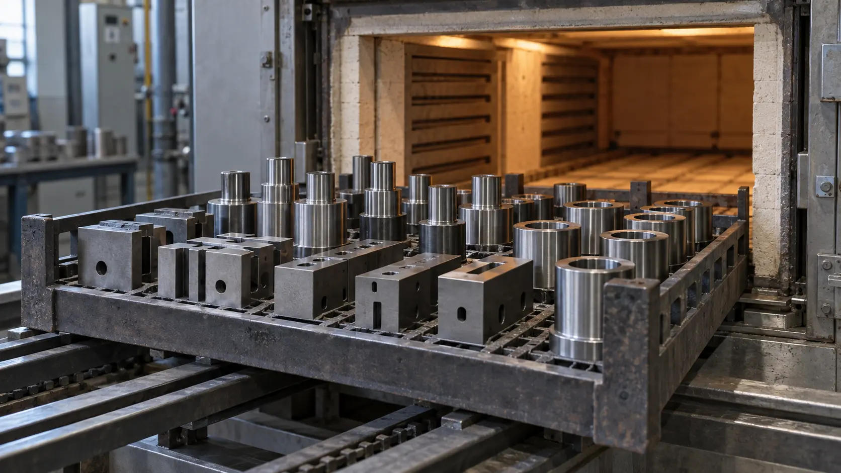 Batch of parts in a heat treatment furnace chamber